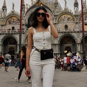 F21 white denim jumpsuit.